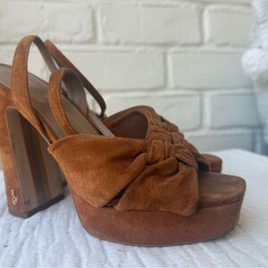 Sam Edelman Suede Knotted Platform Slingback Heels in Chestnut